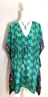 GREEN Tunic Dress Kaftan blouse Boho hippy festival Sari Silk Cover up UK 8 -18