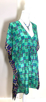 GREEN Tunic Dress Kaftan blouse Boho hippy festival Sari Silk Cover up UK 8 -18