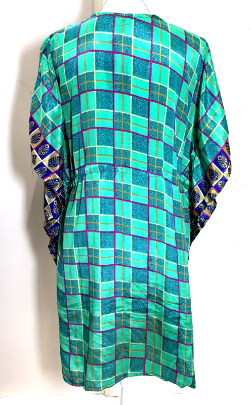 GREEN Tunic Dress Kaftan blouse Boho hippy festival Sari Silk Cover up UK 8 -18