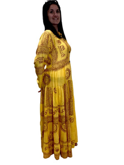 Festival Stall LTD Boho festival Clothing Yellow Maxi Dress Boho hippy festival style, Om print, Yoga Floaty LONG UK 8 - 14