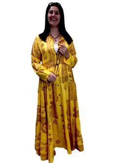 Festival Stall LTD Boho festival Clothing Yellow Maxi Dress Boho hippy festival style, Om print, Yoga Floaty LONG UK 8 - 14