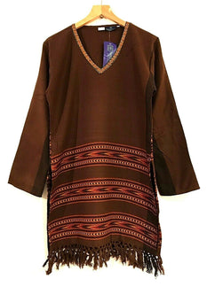 Long Tunic Top Boho Hippie Festival Winter Warm tassel long sleeve BROWN S M L