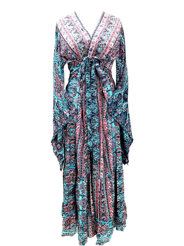 Festival Stall LTD Boho festival Clothing Boho hippy blue silk kimono wrap beach cover up kaftan dress uk 8 10 12 14 16 18