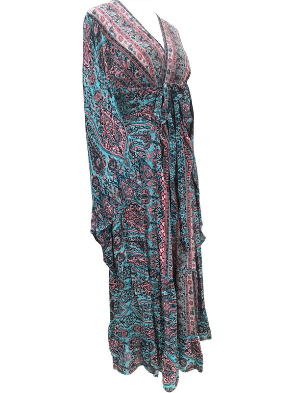 Festival Stall LTD Boho festival Clothing Boho hippy blue silk kimono wrap beach cover up kaftan dress uk 8 10 12 14 16 18