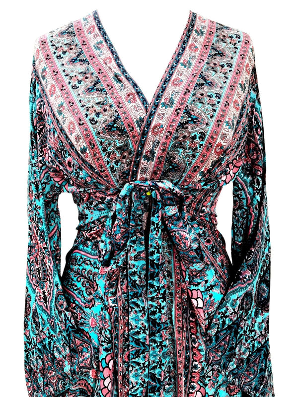 Festival Stall LTD Boho festival Clothing Boho hippy blue silk kimono wrap beach cover up kaftan dress uk 8 10 12 14 16 18