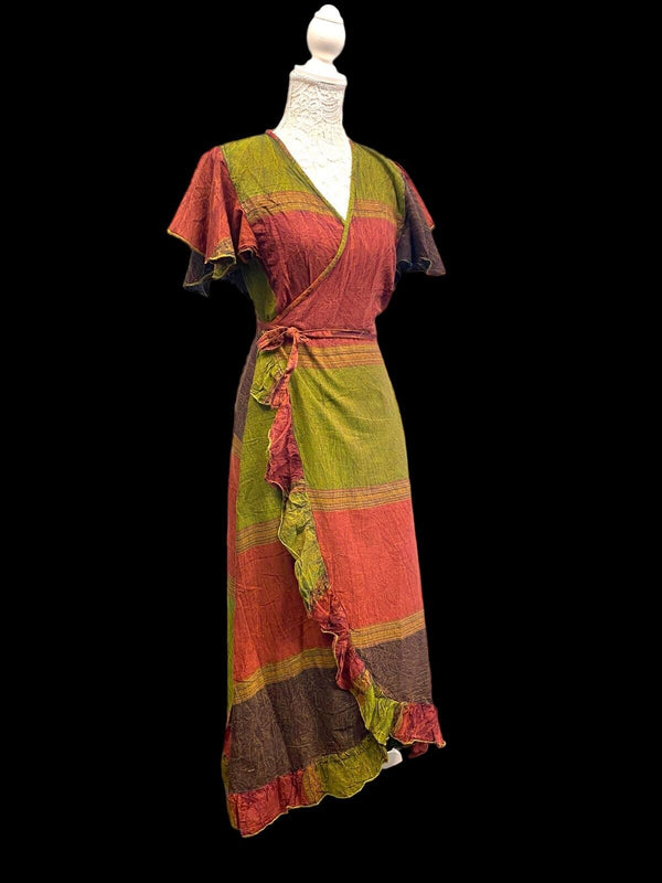 Festival Stall LTD Boho festival Clothing RUST GREEN WRAP Dress Boho hippy Festival Cotton Summer Sun Beach UK 8 - 14