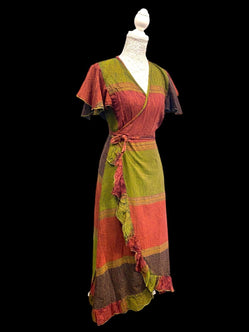 Festival Stall LTD Boho festival Clothing RUST GREEN WRAP Dress Boho hippy Festival Cotton Summer Sun Beach UK 8 - 14
