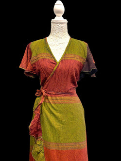 Festival Stall LTD Boho festival Clothing RUST GREEN WRAP Dress Boho hippy Festival Cotton Summer Sun Beach UK 8 - 14