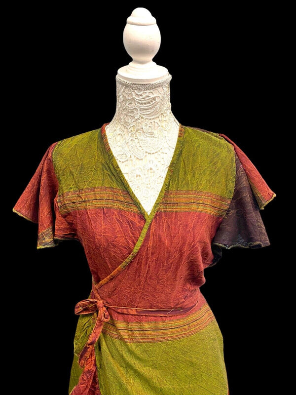Festival Stall LTD Boho festival Clothing RUST GREEN WRAP Dress Boho hippy Festival Cotton Summer Sun Beach UK 8 - 14