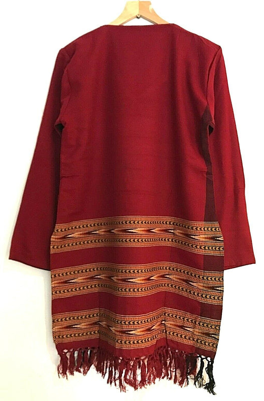 RED Tunic top Boho Hippie Festival Winter Warm tassel long sleeve BURGUNDY S M L