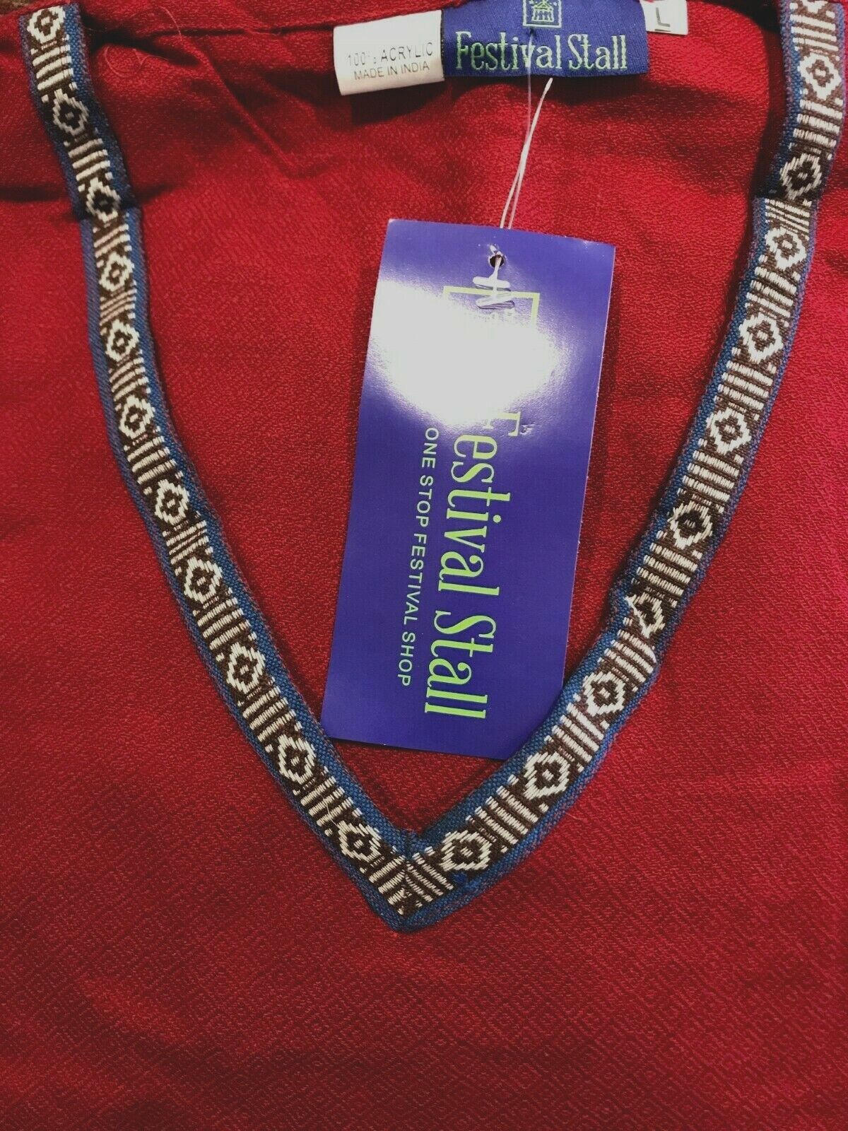 RED Tunic top Boho Hippie Festival Winter Warm tassel long sleeve BURGUNDY S M L