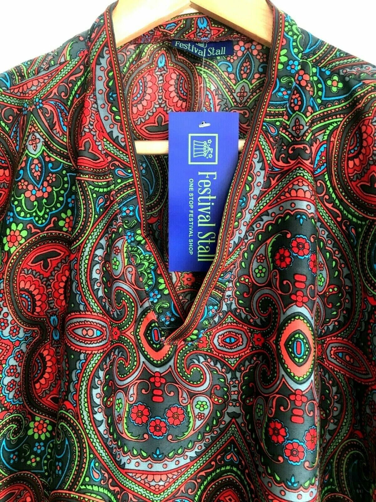 Festival Stall LTD Boho festival Clothing v - neck Tunic blouse Festival boho hippie retro ethnic print vintage Red green