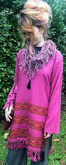 Festival Stall LTD Boho festival Clothing Tunic Top Boho Hippie Festival Winter Warm tassel long sleeve PINK long M L