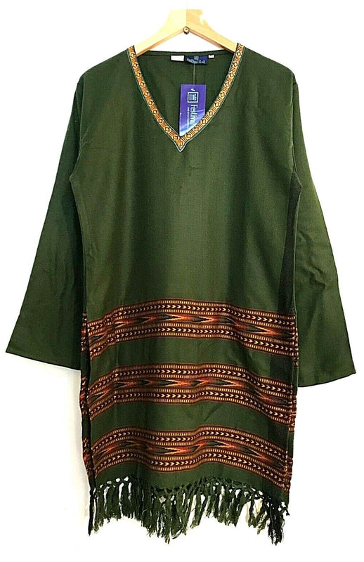 Festival Stall LTD Boho festival Clothing Tunic top Boho Hippie Festival Winter Warm tassel long sleeve GREEN long M L
