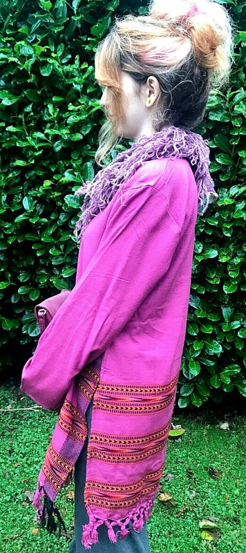 Festival Stall LTD Boho festival Clothing Tunic Top Boho Hippie Festival Winter Warm tassel long sleeve PINK long M L