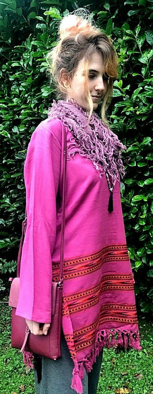 Festival Stall LTD Boho festival Clothing Tunic Top Boho Hippie Festival Winter Warm tassel long sleeve PINK long M L
