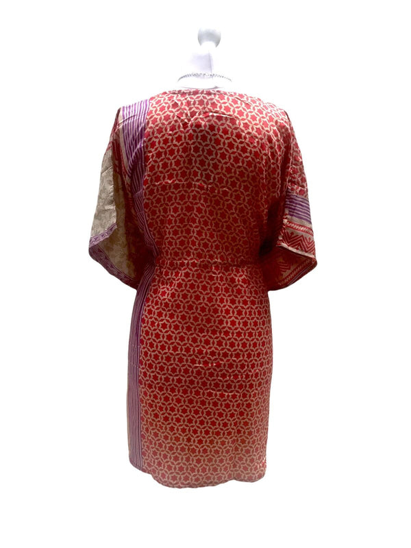 Festival Stall LTD Boho festival Clothing DRESS Boho hippy VINTAGE Sari Silk RED Beach Tunic Kaftan Top Cover up UK 8 - 18