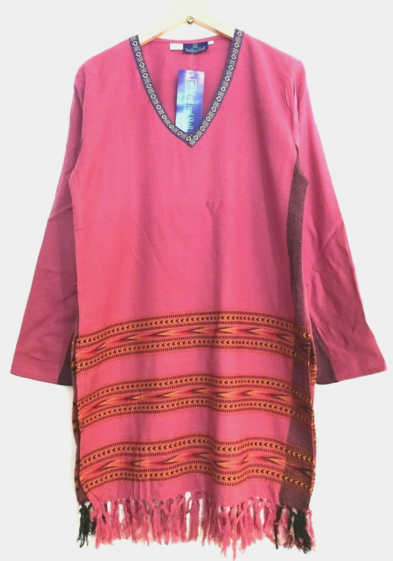 Festival Stall LTD Boho festival Clothing Tunic Top Boho Hippie Festival Winter Warm tassel long sleeve PINK long M L