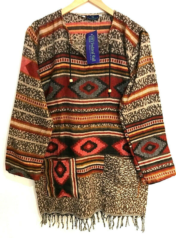 Festival Stall LTD Boho festival Clothing TUNIC Boho hippie JUMPER PULLOVER SWEATER Brown winter warm tassel top UK 8 - 14
