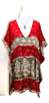 Festival Stall LTD Boho festival Clothing RED Tunic Dress Kaftan Top short Boho hippy festival vintage Sari Silk UK 8 - 18