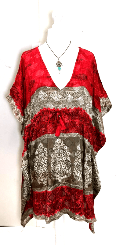 Festival Stall LTD Boho festival Clothing RED Tunic Dress Kaftan Top short Boho hippy festival vintage Sari Silk UK 8 - 18