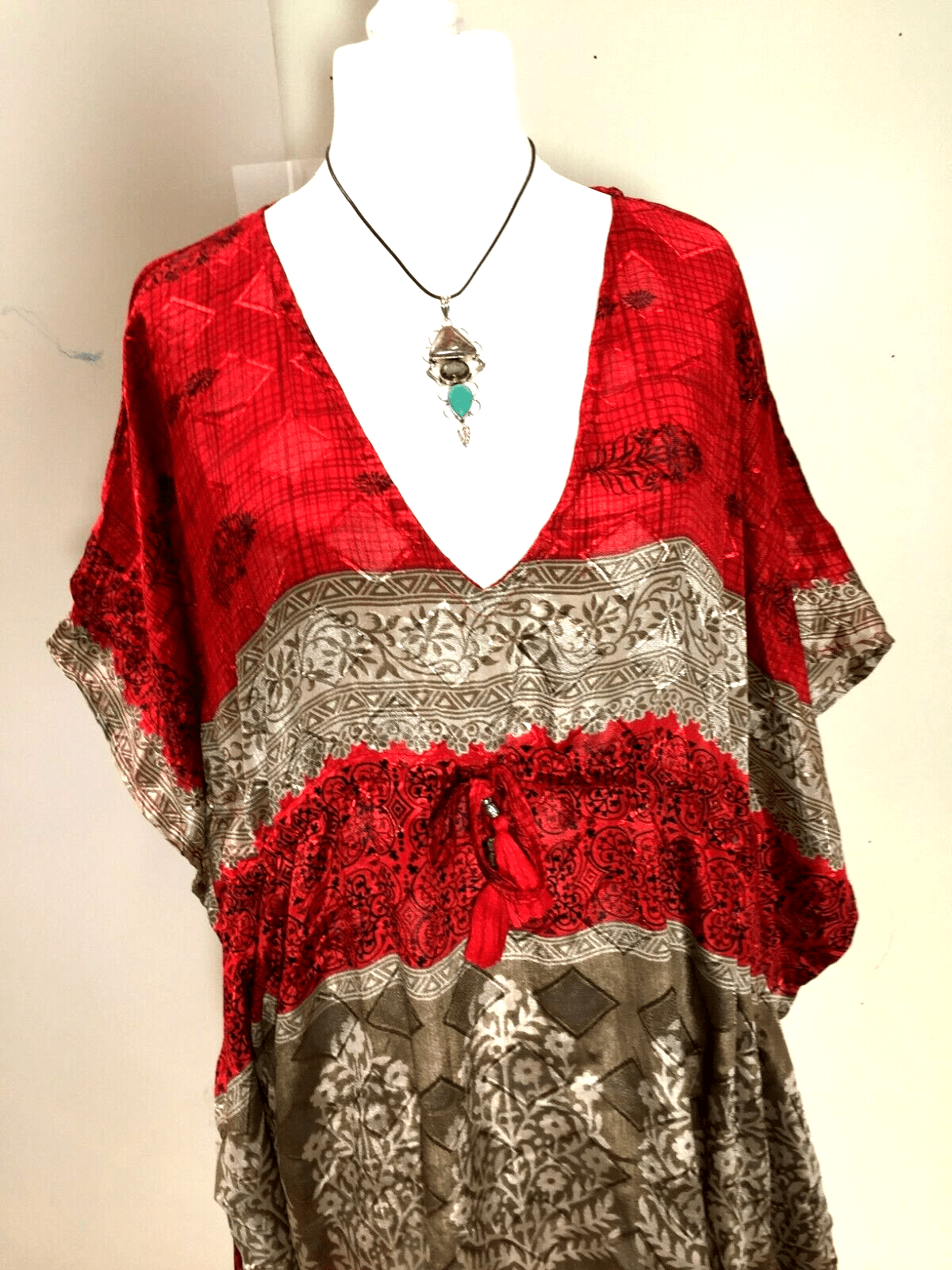 Festival Stall LTD Boho festival Clothing RED Tunic Dress Kaftan Top short Boho hippy festival vintage Sari Silk UK 8 - 18