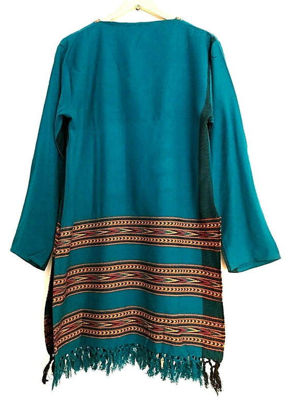 Festival Stall LTD Boho festival Clothing Tunic Turquoise BLUE Boho Hippie Festival Winter Warm tassel top long S M L