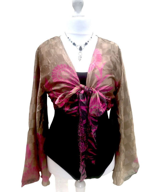 Festival Stall LTD Boho festival Clothing Blouse Top Kaftan Kimono Wrap Boho hippy festival retro SARI SILK vintage 8 - 14