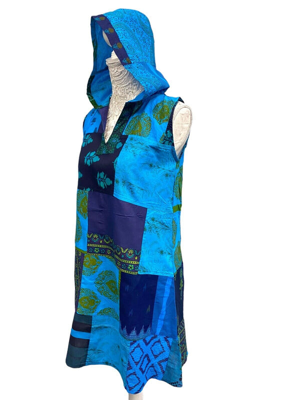 Festival Stall LTD Boho festival Clothing Short Tunic Dress BLUE patchwork Boho Pixie Festival Hippy gypsy hoodie UK 8 - 14