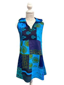 Festival Stall LTD Boho festival Clothing Short Tunic Dress BLUE patchwork Boho Pixie Festival Hippy gypsy hoodie UK 8 - 14