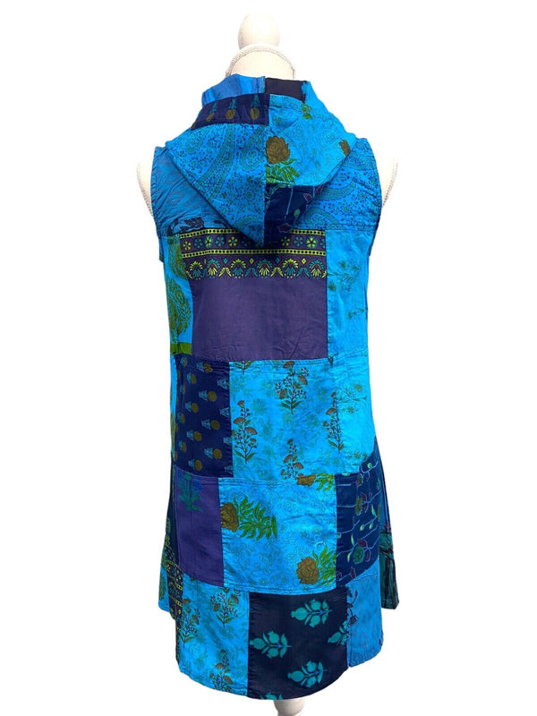 Festival Stall LTD Boho festival Clothing Short Tunic Dress BLUE patchwork Boho Pixie Festival Hippy gypsy hoodie UK 8 - 14