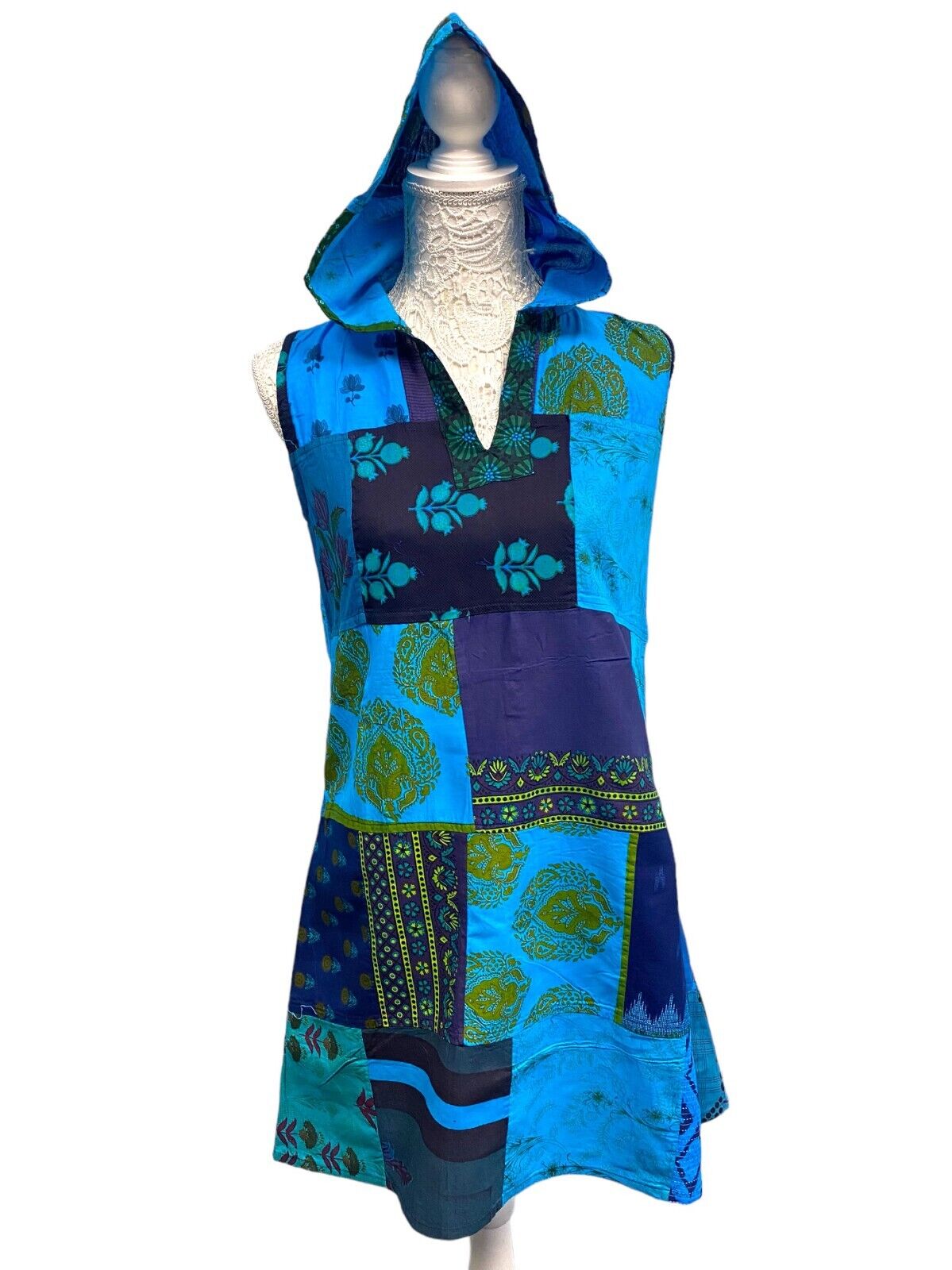 Festival Stall LTD Boho festival Clothing Short Tunic Dress BLUE patchwork Boho Pixie Festival Hippy gypsy hoodie UK 8 - 14