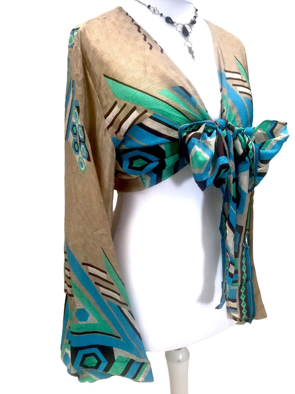 Festival Stall LTD Boho festival Clothing Wrap top blouse Boho hippy festival BLUE 70s retro Sari Silk bell sleeve UK 8 - 14