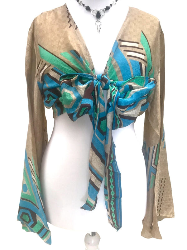 Festival Stall LTD Boho festival Clothing Wrap top blouse Boho hippy festival BLUE 70s retro Sari Silk bell sleeve UK 8 - 14