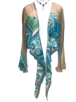 Festival Stall LTD Boho festival Clothing Wrap top blouse Boho hippy festival BLUE 70s retro Sari Silk bell sleeve UK 8 - 14