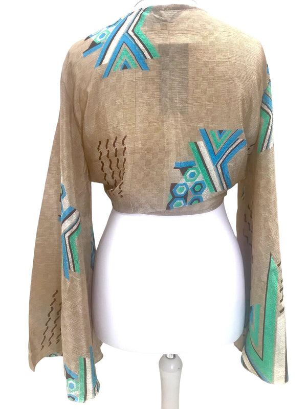 Festival Stall LTD Boho festival Clothing Wrap top blouse Boho hippy festival BLUE 70s retro Sari Silk bell sleeve UK 8 - 14
