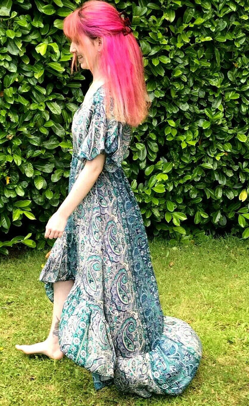 Festival Stall LTD Boho festival Clothing Boho hippy pixie Festival 100% SILK LONG JADE BLUE summer sun MAXI Dress UK 8 - 14