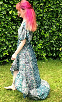 Festival Stall LTD Boho festival Clothing Boho hippy pixie Festival 100% SILK LONG JADE BLUE summer sun MAXI Dress UK 8 - 14