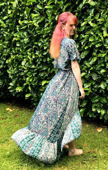 Festival Stall LTD Boho festival Clothing Boho hippy pixie Festival 100% SILK LONG JADE BLUE summer sun MAXI Dress UK 8 - 14