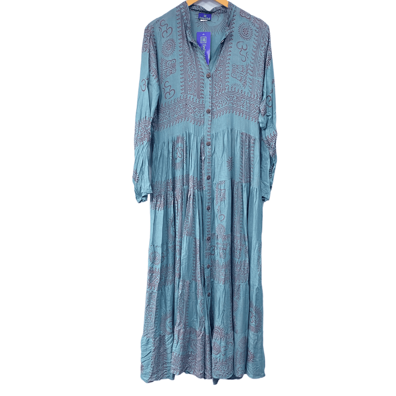 Festival Stall LTD Boho festival Clothing Slate Blue LONG Dress, Boho Hippy Festival style, print, Blue & red maxi UK 8 - 14 ONE SIZE