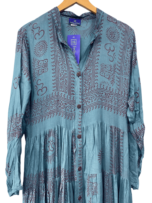 Festival Stall LTD Boho festival Clothing Slate Blue LONG Dress, Boho Hippy Festival style, print, Blue & red maxi UK 8 - 14 ONE SIZE
