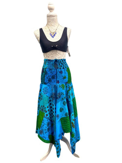 Festival Stall LTD Boho festival Clothing Short Dress BLUE patchwork Boho Pixie hanky hem Festival Hippy gypsy UK 8 - 14