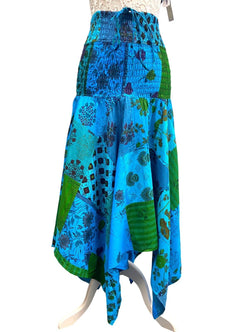 Festival Stall LTD Boho festival Clothing Short Dress BLUE patchwork Boho Pixie hanky hem Festival Hippy gypsy UK 8 - 14