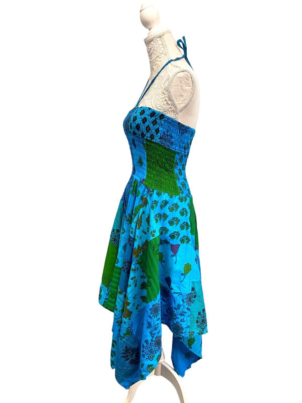 Festival Stall LTD Boho festival Clothing Short Dress BLUE patchwork Boho Pixie hanky hem Festival Hippy gypsy UK 8 - 14