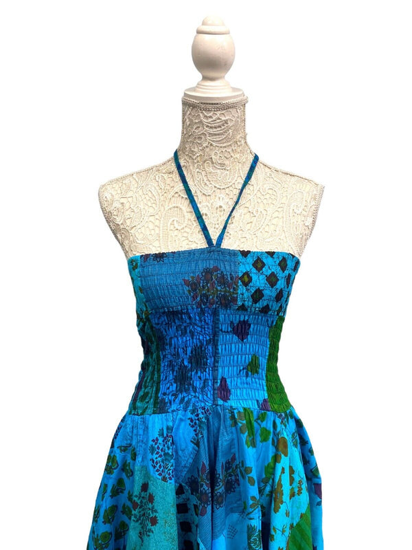 Festival Stall LTD Boho festival Clothing Short Dress BLUE patchwork Boho Pixie hanky hem Festival Hippy gypsy UK 8 - 14