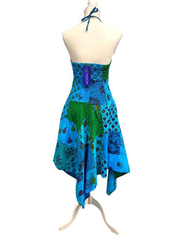 Festival Stall LTD Boho festival Clothing Short Dress BLUE patchwork Boho Pixie hanky hem Festival Hippy gypsy UK 8 - 14