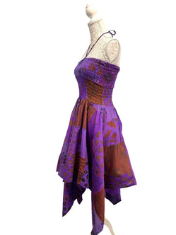 Festival Stall LTD Boho festival Clothing Short Dress PURPLE patchwork Boho Pixie hanky hem Festival Hippy gypsy UK 8 - 14
