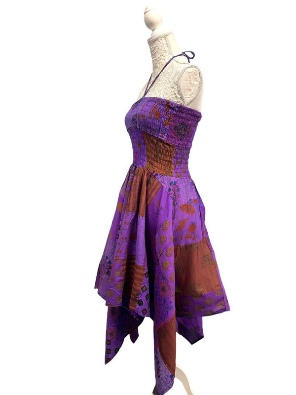 Festival Stall LTD Boho festival Clothing Short Dress PURPLE patchwork Boho Pixie hanky hem Festival Hippy gypsy UK 8 - 14