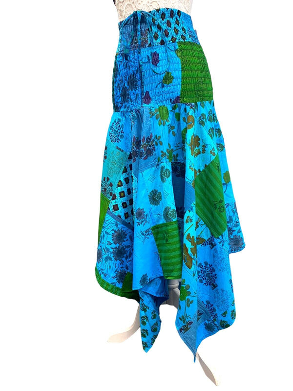 Festival Stall LTD Boho festival Clothing Short Dress BLUE patchwork Boho Pixie hanky hem Festival Hippy gypsy UK 8 - 14