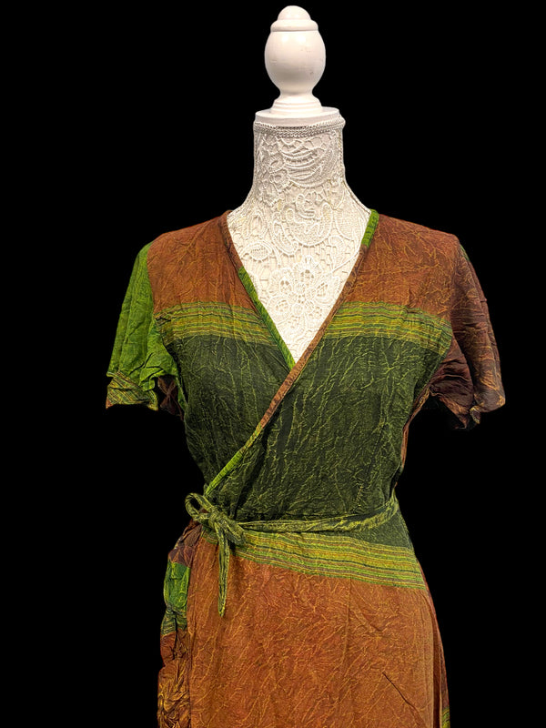 Dress Green Summer wrap over, Boho hippie, casual long length one size UK 8 10